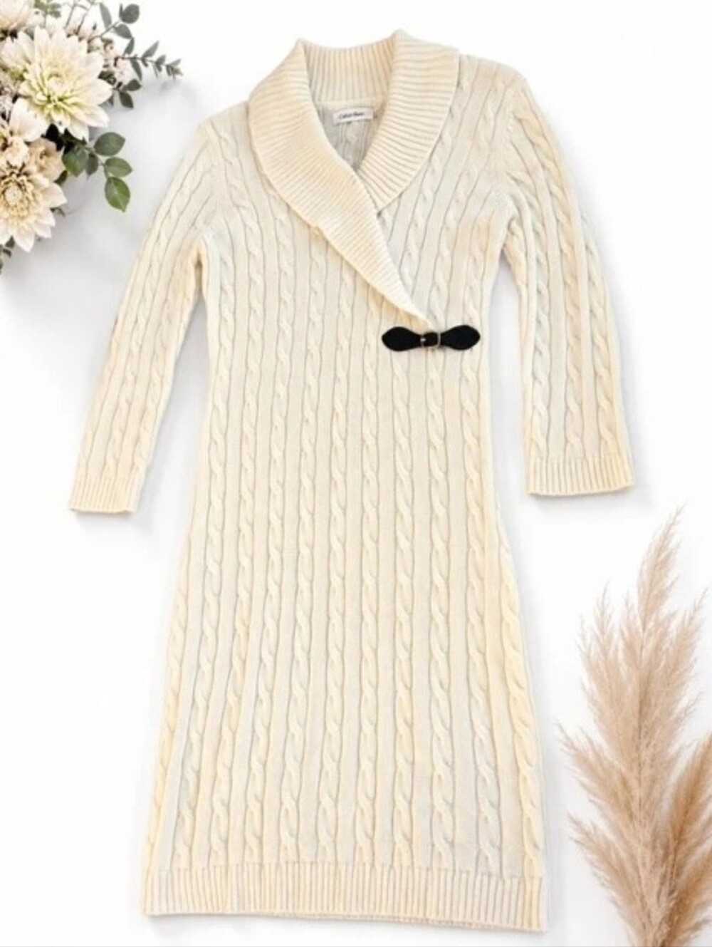 Calvin Klein Size M Ivory Cable Knit Faux Wrap Leather Buckle Sweater Dress EUC - Picture 15 of 16